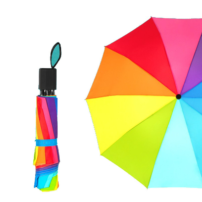 Προσαρμοσμένη ομπρέλα πολυεστέρα 190T 3 αναδιπλούμενη έγχρωμη ουράνιο τόξο BSCI